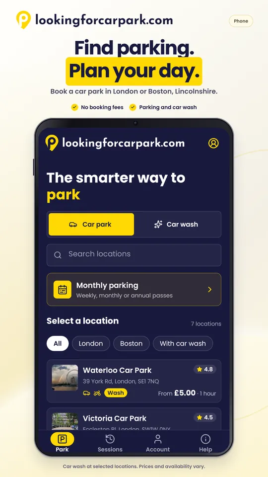 App home: choose car park or car wash and pick a location